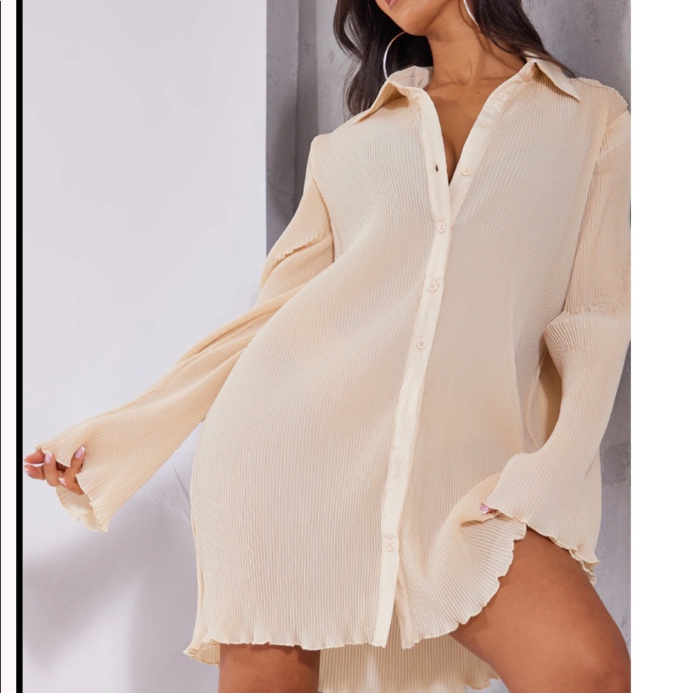 Petite Cream Plisse Oversized Shirt Dress